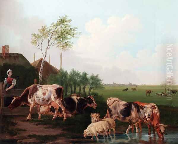 A Summer Landscape With Cows And Sheep By A Pool And A Milkmaid Watching Oil Painting by Albertus Verhoesen