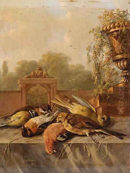 Still Life of Birds on a Ledge Oil Painting by Albertus Verhoesen