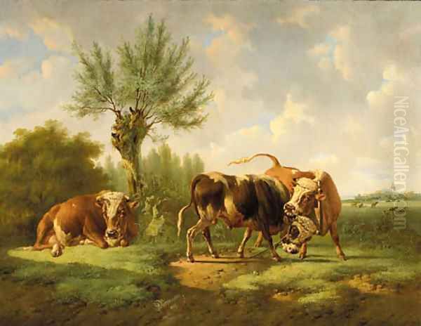 Bulls fighting Oil Painting by Albertus Verhoesen