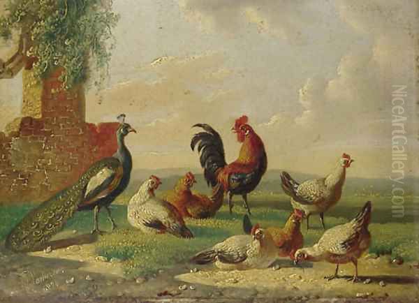 Poultry by a ruined wall in a landscape Oil Painting by Albertus Verhoesen