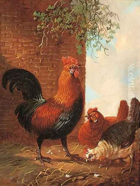 Poultry feeding by a wall Oil Painting by Albertus Verhoesen