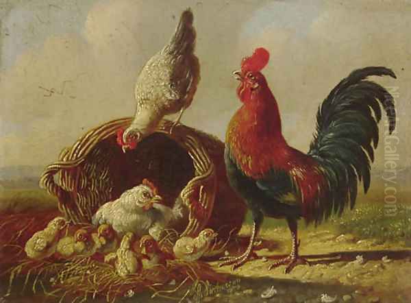 A chicken family by a wicker basket Oil Painting by Albertus Verhoesen