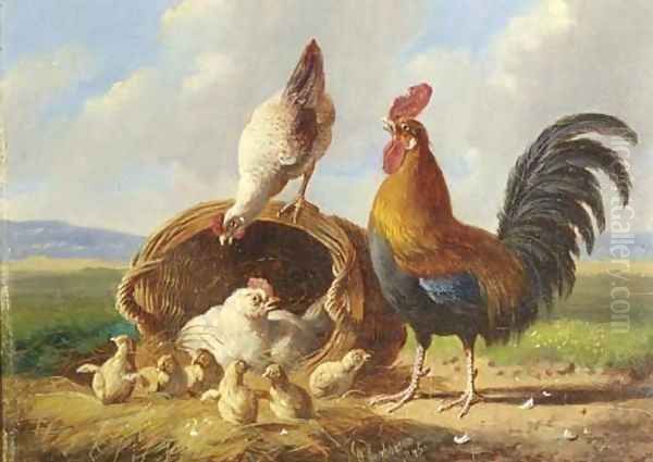 A rooster, chickens and chicks in a landscape Oil Painting by Albertus Verhoesen