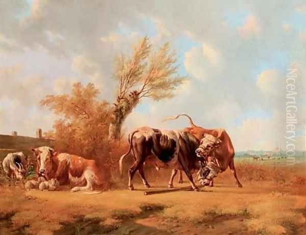 Fighting bulls Oil Painting by Albertus Verhoesen