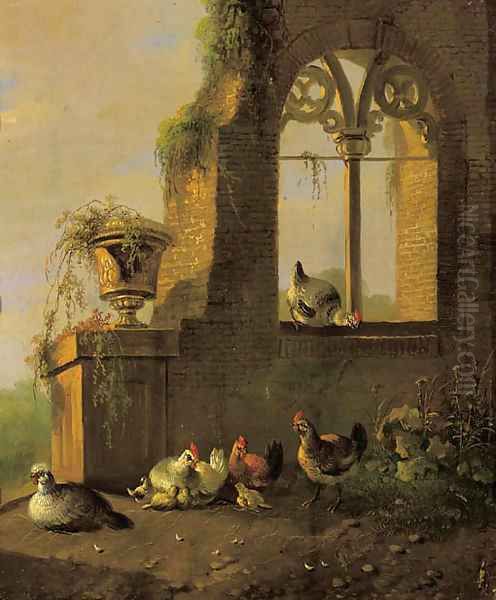 Poultry by a ruin 2 Oil Painting by Albertus Verhoesen