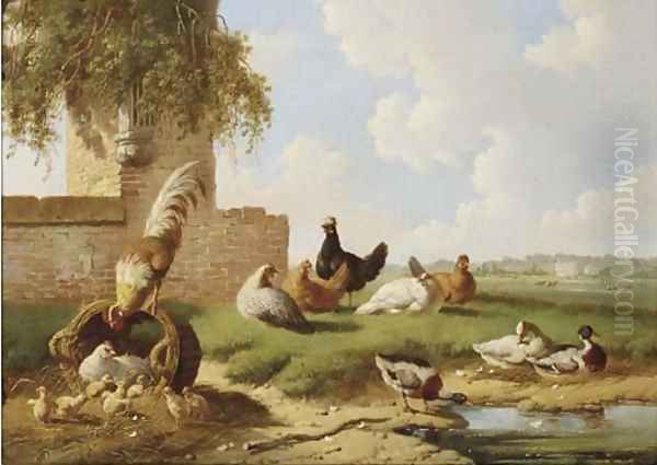 Poultry by a ruin, a country house in the distance Oil Painting by Albertus Verhoesen