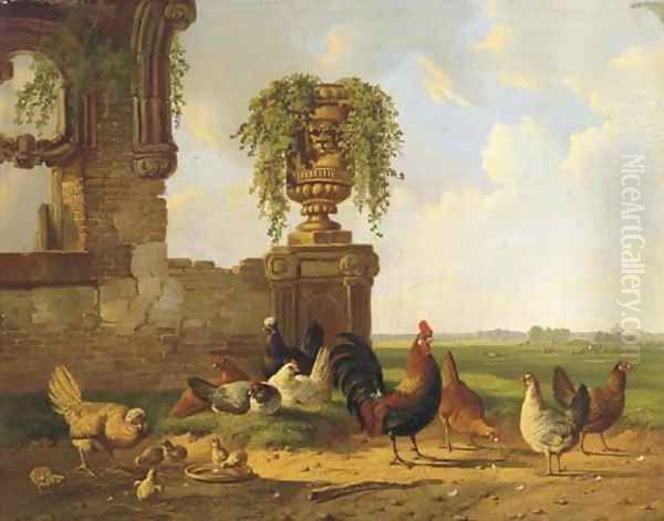 Poultry by a ruin, an extensive landscape beyond Oil Painting by Albertus Verhoesen