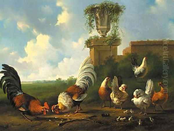 Poultry in a summer landscape by a ruined wall Oil Painting by Albertus Verhoesen