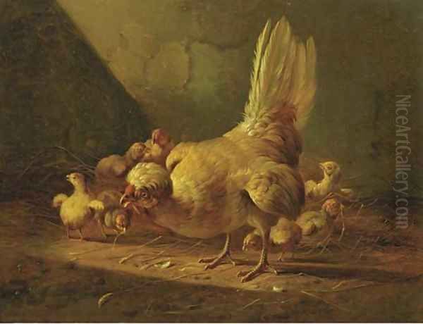 A hen and her chicks Oil Painting by Albertus Verhoesen