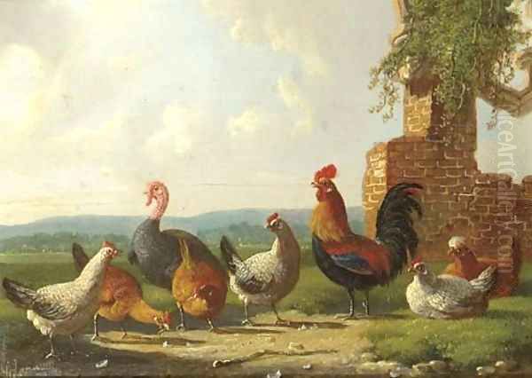 A rooster, chickens and a turkey by a ruin Oil Painting by Albertus Verhoesen