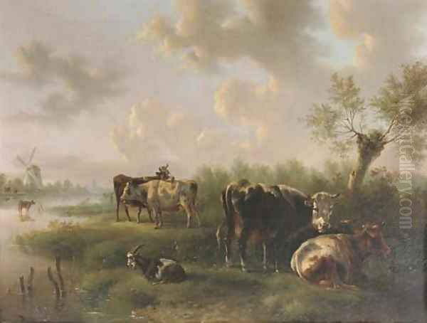 Cattle in a polder landscape Oil Painting by Albertus Verhoesen