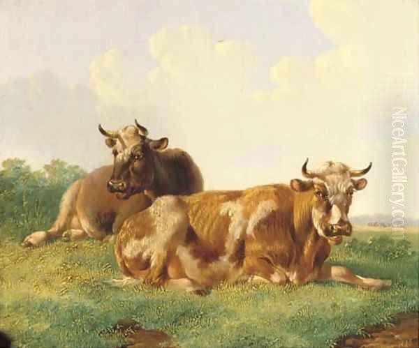 Cattle in a sunny meadow Oil Painting by Albertus Verhoesen