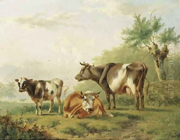 Cows by a fence Oil Painting by Albertus Verhoesen