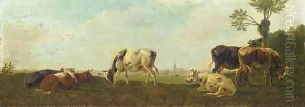 Cows in a panoramic polderlandscape Oil Painting by Albertus Verhoesen