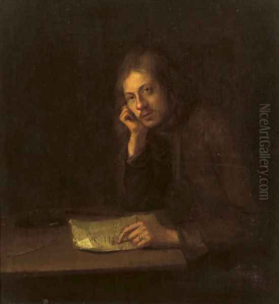 A man seated at a table pointing to a letter Oil Painting by Pieter Harmansz Verelst