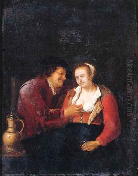 A Vanitas a boor courting a maid in a tavern, surprised by Death Oil Painting by Pieter Harmansz Verelst