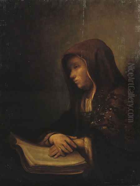 An old woman seated at a table with her hands resting on an open book Oil Painting by Pieter Harmansz Verelst