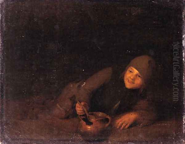 A young boor reclining, eating from an earthenware bowl Oil Painting by Pieter Harmansz Verelst