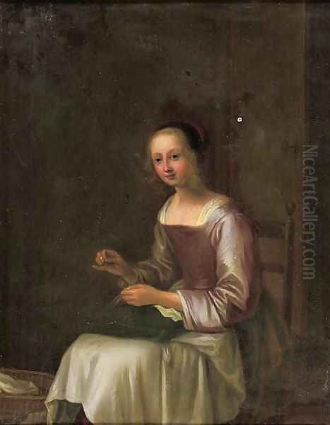 A young lady sewing in an interior Oil Painting by Pieter Harmansz Verelst