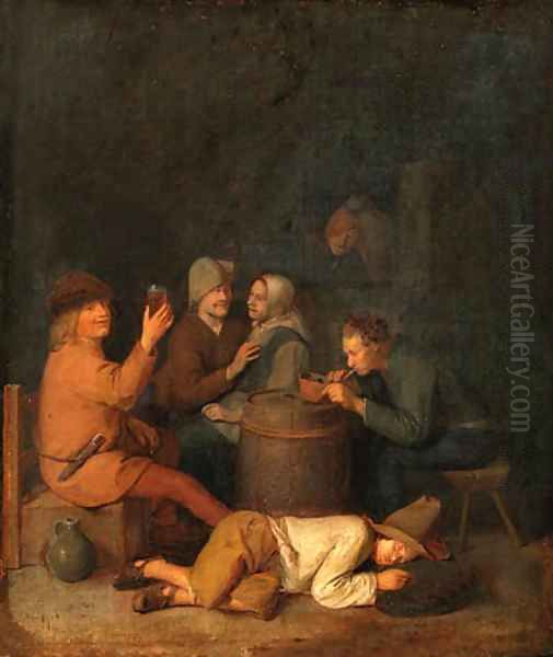 Boors drinking and smoking in an interior Oil Painting by Pieter Harmansz Verelst