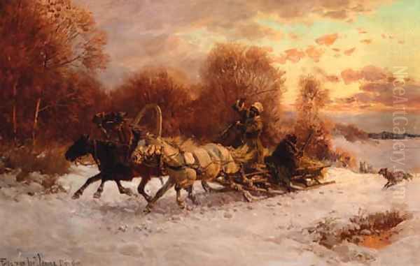 Hunters in a winter landscape being pursued by wolves Oil Painting by Fritz van der Venne