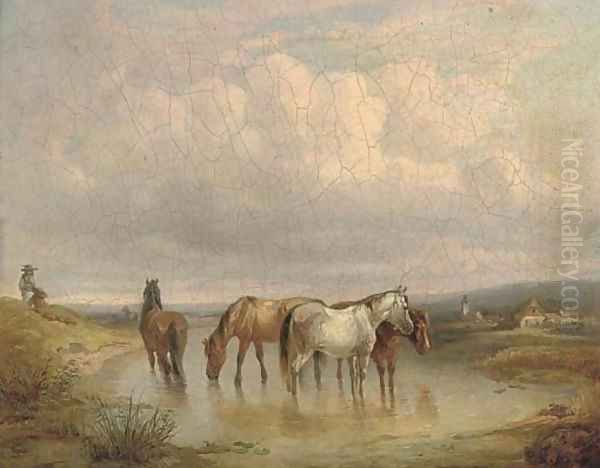 Ponies watering in an extensive landscape Oil Painting by Fritz van der Venne