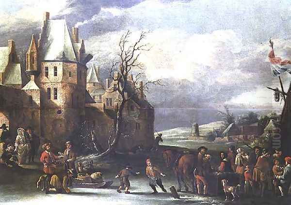 Winter Landscape with Figures before a Town Oil Painting by Rutger Verburgh