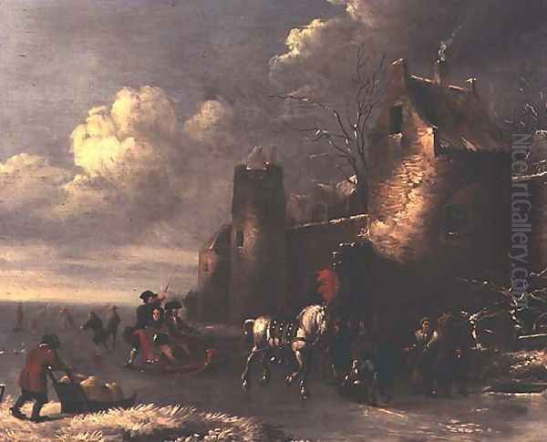 Sledging on a Frozen River Oil Painting by Rutger Verburgh