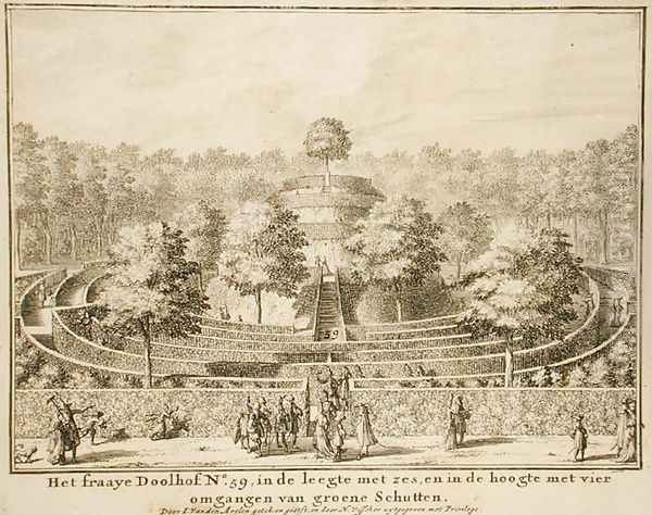 Topiary maze with four exits and a central mound, engraved by Johannes Van den Aveele d.1727 Oil Painting by Nicolaes the Elder Visscher