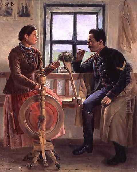 Talk at the Spinning Wheel, 1884 Oil Painting by Mikhail Nikolaevich Vasil'ev