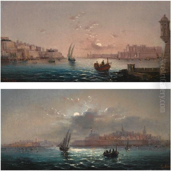 Two Views Of Malta Oil Painting by Luigi Maria Galea