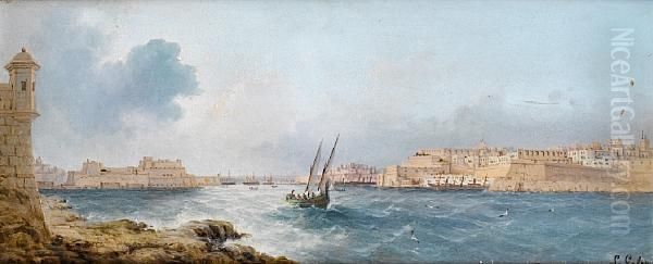 View Of Valletta And Fort Saint Angelo From The Entrance To The Grand Harbour Oil Painting by Luigi Maria Galea