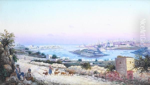 Marsamxett Harbour From Sliema Oil Painting by Luigi Maria Galea