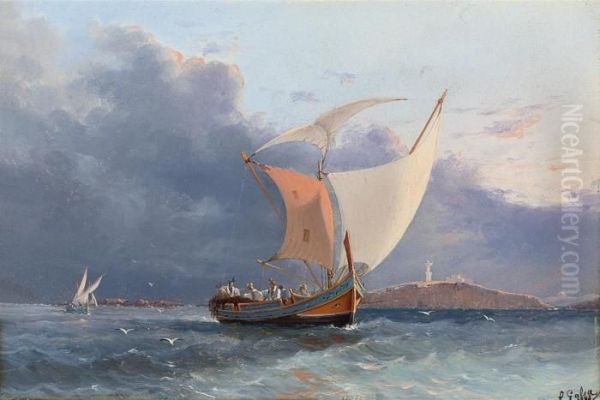 Fishing Craft Off The Coast Of Malta Oil Painting by Luigi Maria Galea