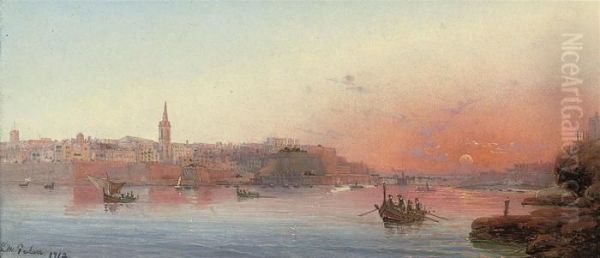 Sunset Over The Grand Harbour, Valetta, Malta Oil Painting by Luigi Maria Galea