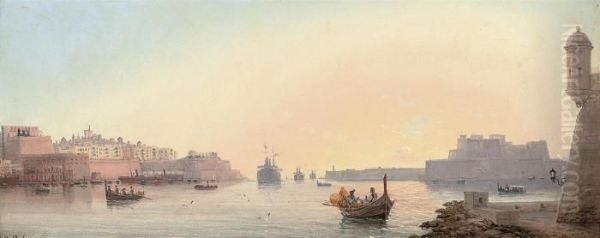 A Convoy Entering Valetta Harbour Oil Painting by Luigi Maria Galea