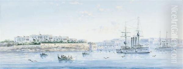 Dreadnoughts At Valetta, Malta Oil Painting by Luigi Maria Galea