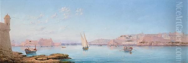 Marsamxett Harbour At Sunset; The Grand Harbour From Senglea, A Pair Oil Painting by Luigi Maria Galea