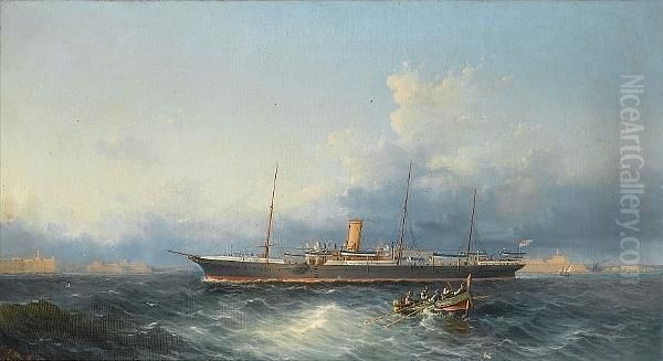 H.m.s. 'surprise' Off Valletta Oil Painting by Luigi Maria Galea