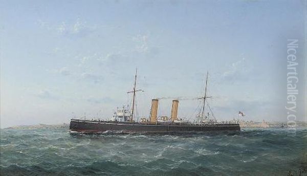 An Armoured Cruiser Outward-bound From Valetta Oil Painting by Luigi Maria Galea