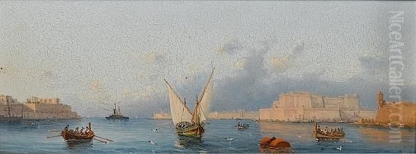 Shipping In The Grand Harbour, Valetta, Malta, A Pair Oil Painting by Luigi Maria Galea