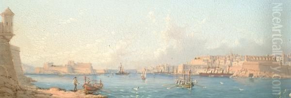 Shipping In The Grand Harbour, Valetta, Malta, A Pairboth 'l.galea' (lower Right) Oil Painting by Luigi Maria Galea