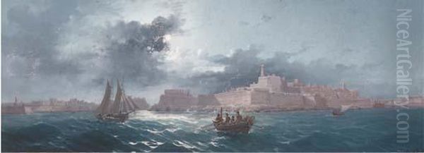 Crowded Small Craft Running Out Of Grand Harbour, Valetta, Bymoonlight Oil Painting by Luigi Maria Galea