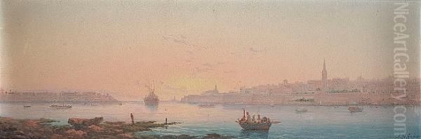 Early Morning, Marsamaxett Harbour, Valletta, Malta Oil Painting by Luigi Maria Galea