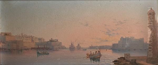 The Grand Harbour At Dawn; At Dusk, A Pair Oil Painting by Luigi Maria Galea