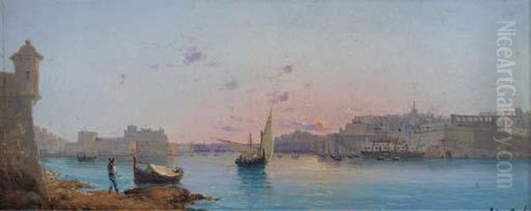 Sunset Over Grand Harbour, Valetta Oil Painting by Luigi Maria Galea