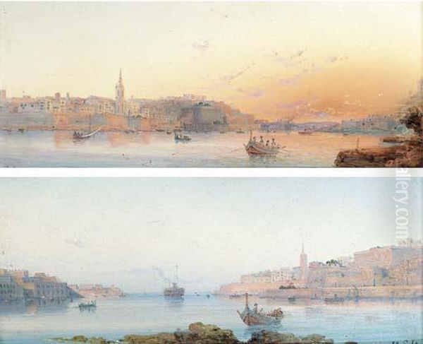 The Grand Harbour, Valetta, Early Morning; And The Grand Harbour, Valetta, At Dusk Oil Painting by Luigi Maria Galea