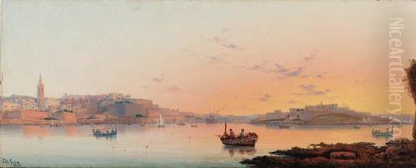 A View Of Valletta Harbor Oil Painting by Luigi Maria Galea