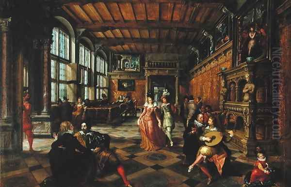 Scene of a Ball in a Flemish Interior Oil Painting by Hans Vredeman de Vries