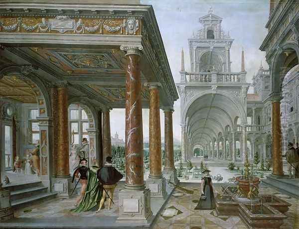 Cappricio of palace architecture with Figures Promenading, 1596 Oil Painting by Hans Vredeman de Vries